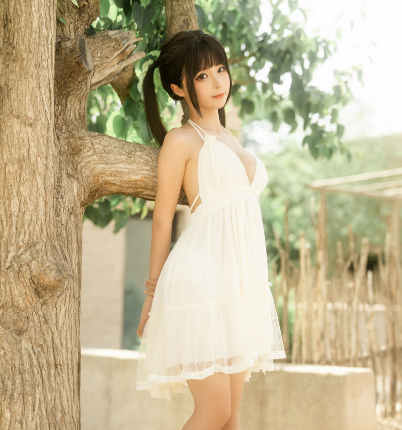 丝袜美腿福利 蠢沫沫咖啡屋白色低胸连衣裙写真资源合集下载